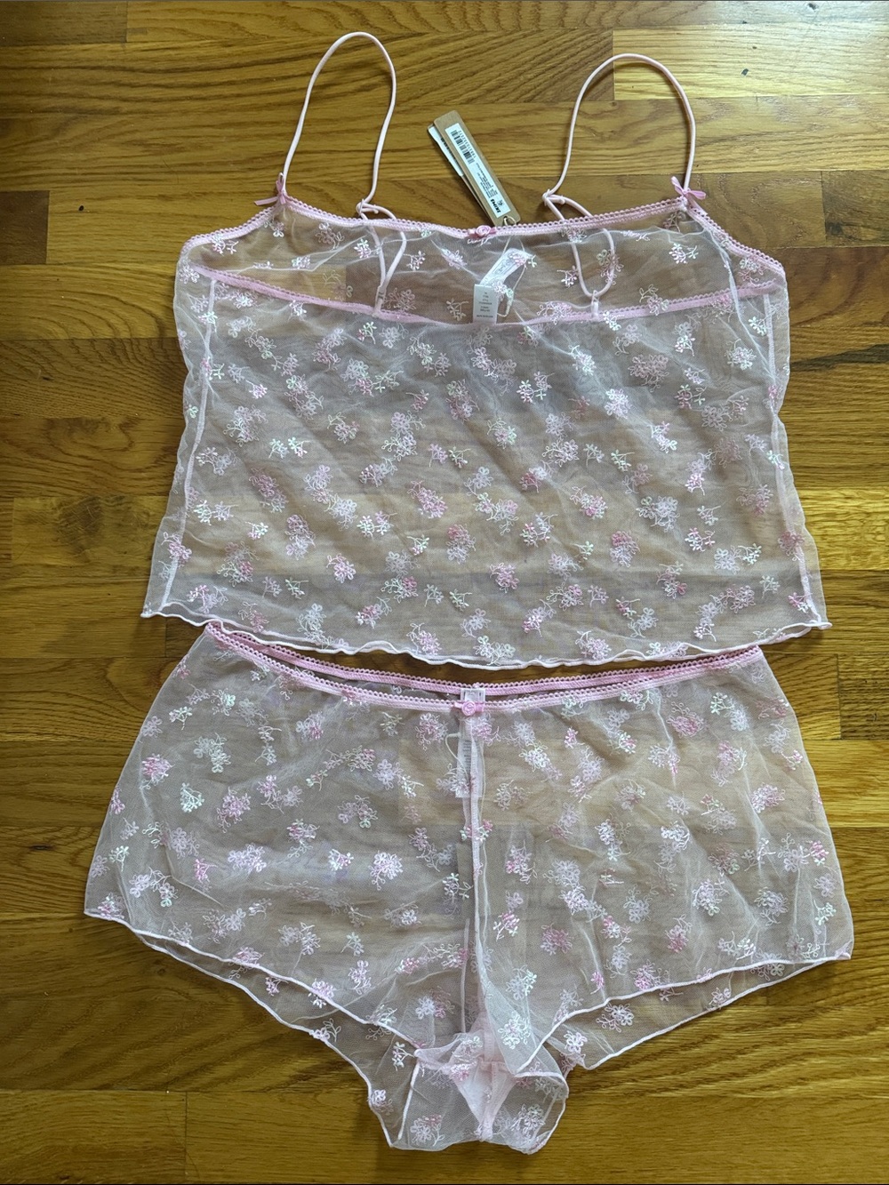 SKIMS Sheer Pink Floral-Embroidered Cami & High-Waist Shorts Set